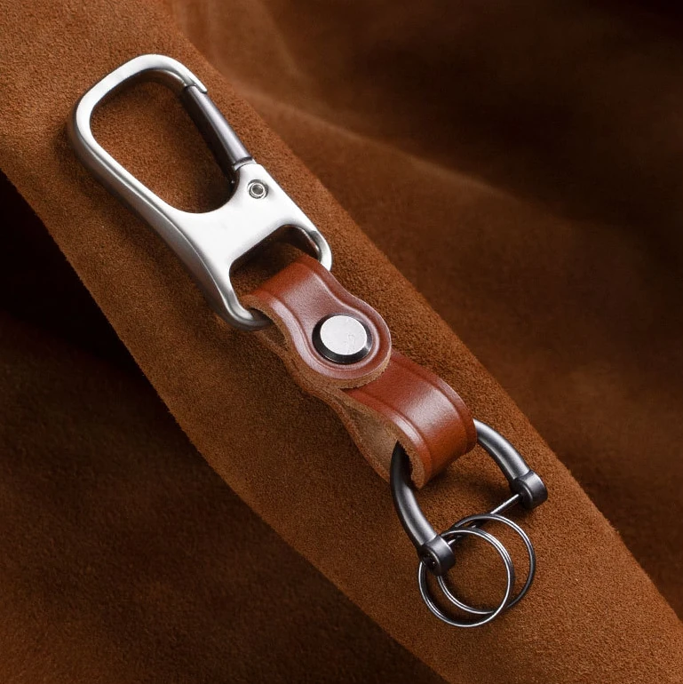 Men’s Leather Car Keychain Top-Grain Cowhide Business Belt Clip Key Holder Metal Spring Clasp Horseshoe D-Ring Keychain